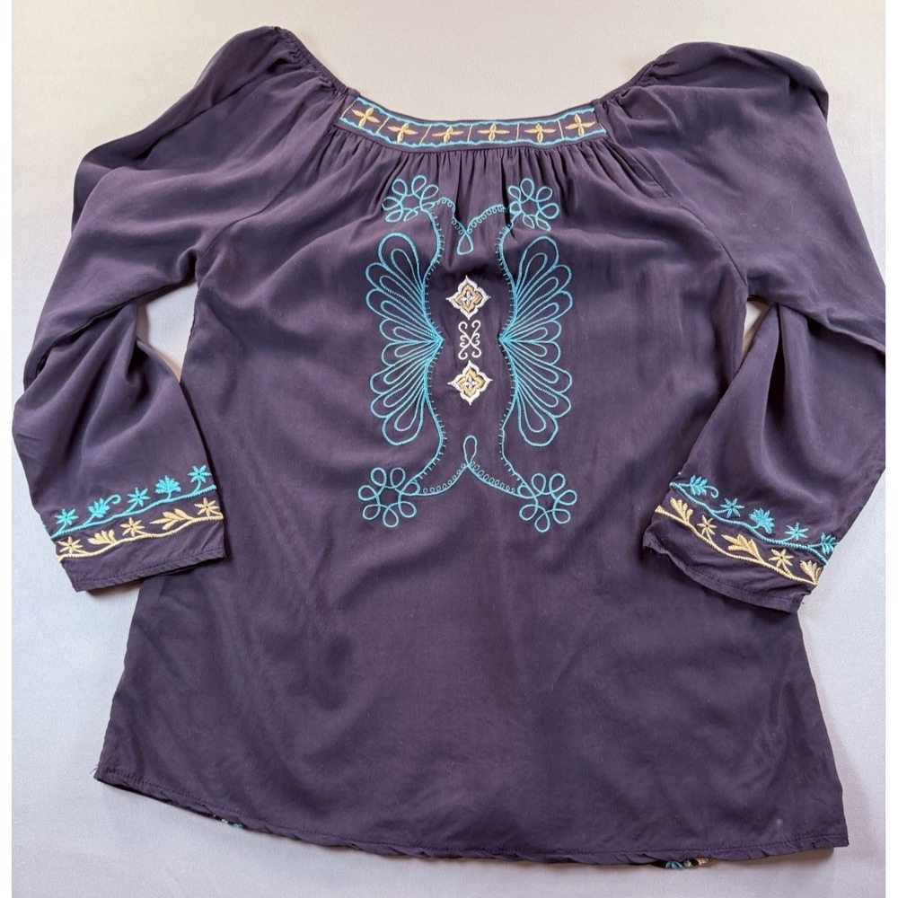 Urban Mangoz Embroidered Boho Peasant Top Navy Blue Tassel Cotton Small - Picture 3 of 12